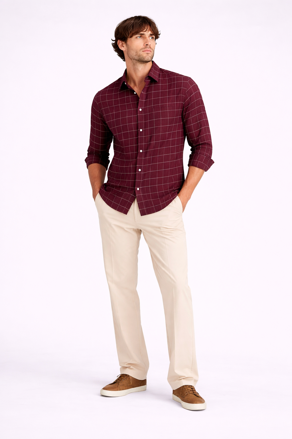 Aubergine Maroon Precision Grid Cotton Shirt